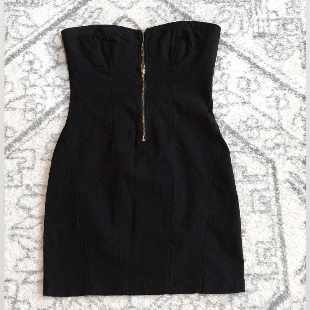 Black strapless mini dress with zipper front
